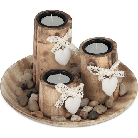 Relaxdays Portacandele, Vassoio e Vasetti, Centrotavola Rotondo, 3 Candeline, Legno di Pino, Cuori, D 21,5 cm, Naturale