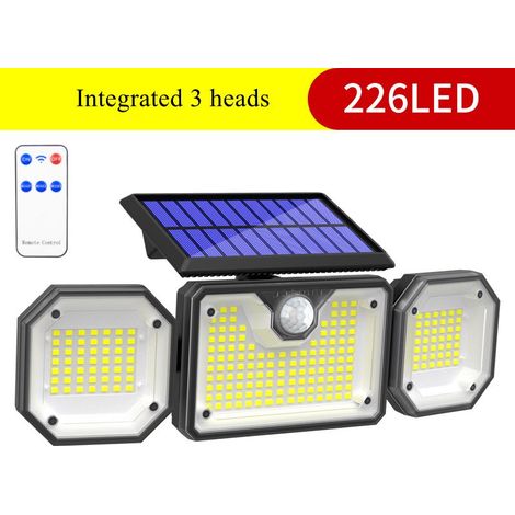 GROOFOO Solaire Lumiere Exterieur Applique Murale Luminaire LED 3 Têtes 226 LEDs Detecteur Mouvement Sécurité Projecteur Eclairage IP65 Etanche [Classe énergétique A+++] Sans Câble