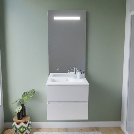 Meuble vasque ROSALY INOX 60 cm + miroir Elégance ht105- Blanc- Plan vasque en Résine