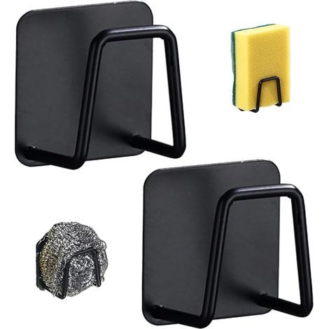 Set of 2 self-adhesive stainless steel sponge holders, sink accessories, kitchen (Black) (1/5)