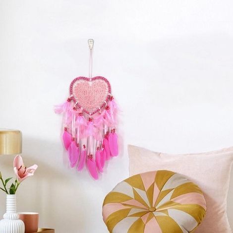 Attrape-rêves avec lumière LED et plume comme décoration murale (rose)