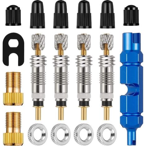 18 Pièces Presta Valve Cores Valve Presta Set avec Demonte Valve,Adaptateur Valve Velo,Bouchon Valve Velo,Vis de Soupape Accessoires de Vélo pour Vélos et VTT (1/5)