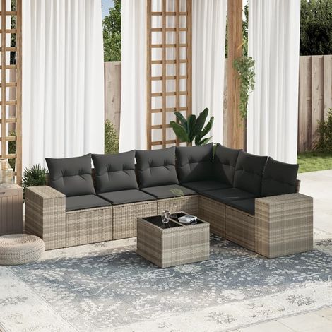 Ensemble Salon de Jardin 7 Pièces avec Coussins en Résine Tressée Gris Clair et Table en Verre Trempé, 6 Places avec Sièges Modulaires de Rangement et Housse Imbattable (1/3)