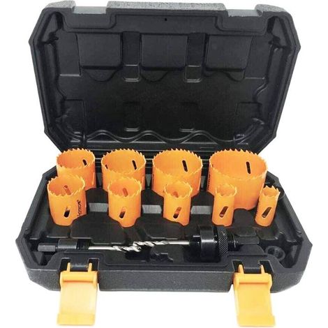 HOTECHE kit 12 piezas 9 coronas bimetal 19/64 mm , Set de 12 piezas de sierras bimetálicas Incluye coronas de: 19mm, 22mm, 29mm, 35mm, 38mm, 44mm, 51mm, 57mm, 64mm Acero d