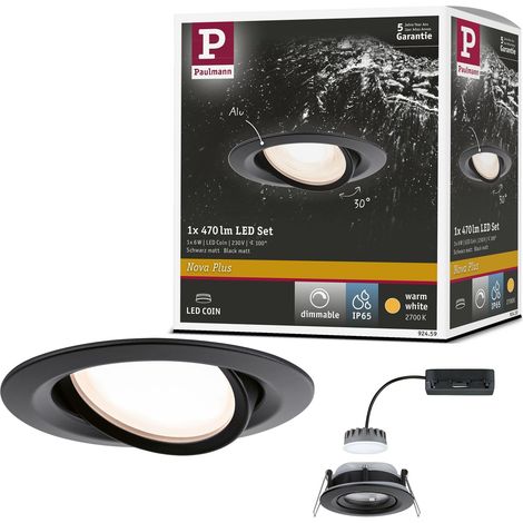 Spot encastré LED Nova Plus IP65 luminaire individuel orientable rond 6W 470lm gradable 93mm Noir mat Alu zinc 2700K Coin (1/5)