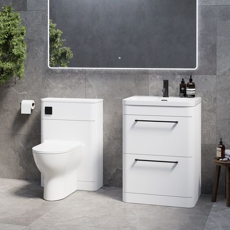 Oslo Gloss White 1150mm Vanity Unit Toilet Suite with Fina Basin - 1150mm - Matt Black 320mm HandleWith Jubilee Toilet Pan and Seat