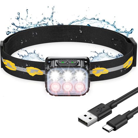 Lampe frontale LED ultra-puissante, rechargeable et étanche avec lumière rouge, 6 modes d'éclairage et autonomie de 36 h, lampe frontale légère de 350 lm pour le camping, la pêche, le vélo et la cours