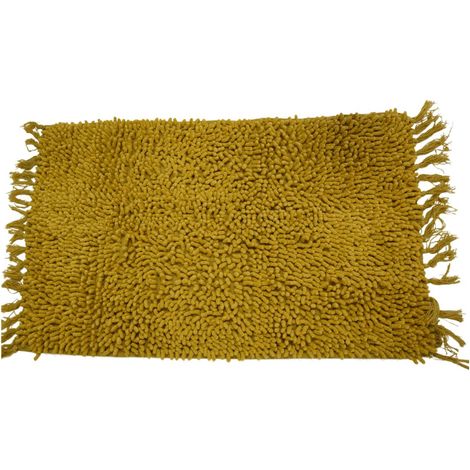 Tapis de bain en coton uni à franges ocre 50x70cm (1/3)