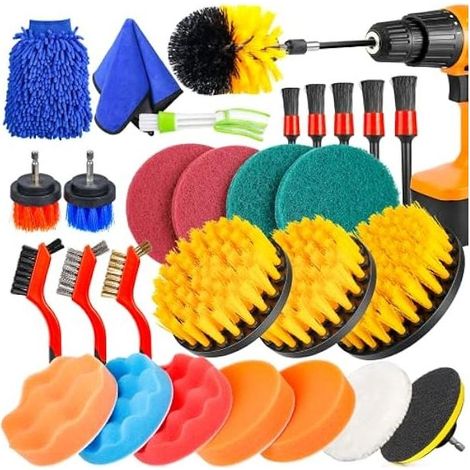 Brosse Perceuse 29PCS Brosse Nettoyage Lavage Voiture Brosse Visseuse Perceuse Brosse Electrique Nettoyage Salle de Bain Tapis pour Voiture,Cuisine,Carrelage,Barbecue(avec Une éponge et Un Ch