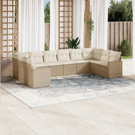 Ensemble de canapé de jardin 10 pièces avec coussins, en polyrotin beige (1/3)