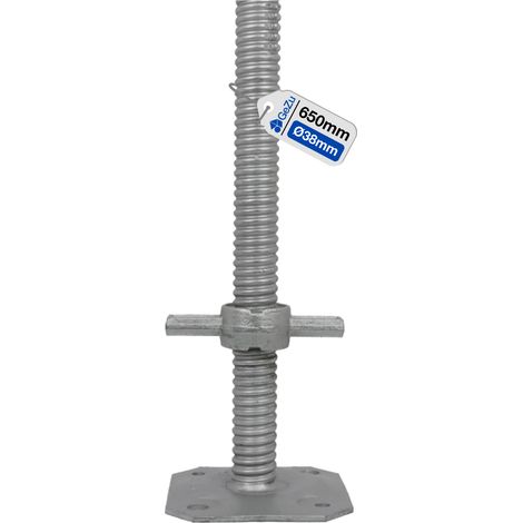 Vérin d’échafaudage réglable avec tige filetée Ø38 mm – Longueur 650 mm – Électroplaqué – Plaque de pied robuste pour stabilité et sécurité – GeZu Impex