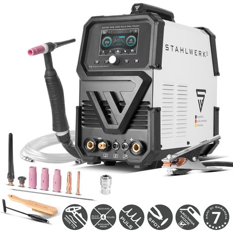 STAHLWERK Saldatrice AC/DC TIG 200 Puls Pro Touch – Inverter IGBT 200 A, funzione MMA (elettrodo), memoria lavori, funzione Pulse / Spot, adatta per alluminio & lamiere sottili
