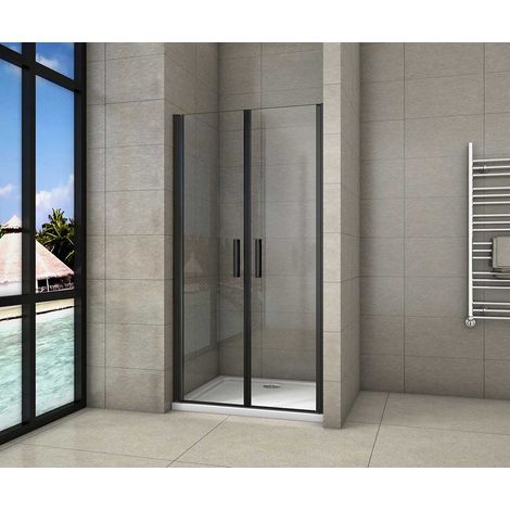 Aica Sanitaire – Porte de douche battante 80x200cm – Noir mat – Verre 8mm anticalcaire – Installation en niche – Ouverture intérieure/extérieure
