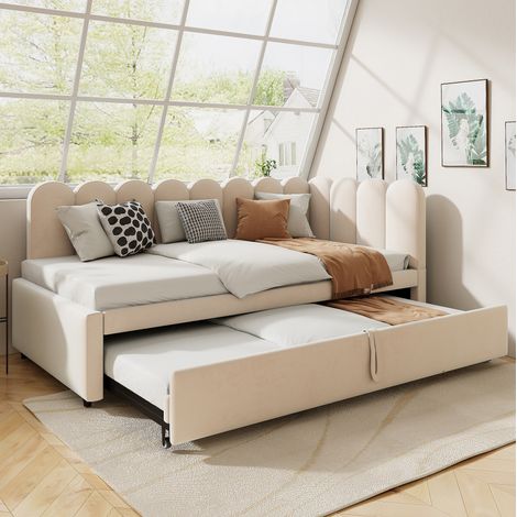 Ausziehbett 90/180x200 cm in Beige aus Samt, in L-Form, mit 2-in-1 Funktion und Gästebett (1/5)