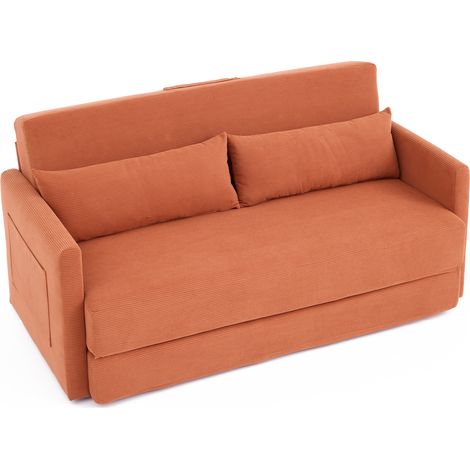 Sofá cama plegable de 2 plazas de pana naranja con 2 cojines lumbares y bolsillos laterales (1/5)