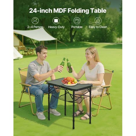Table pliante camping réglable hauteur, table d'extérieur aluminium MDF avec étageère, poignée, compacte légère picnic barbecue, 24x16po, noir (1/5)