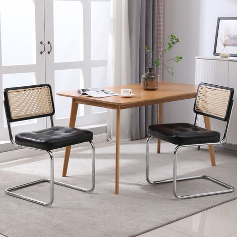 Set 2 sedie da pranzo stile classico, schienale in rattan intrecciato, seduta imbottita in similpelle PU, gambe in metallo cromato, nero