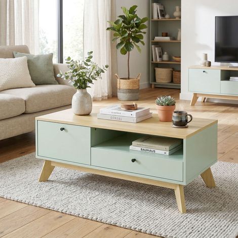 Table basse rectangulaire salon, table d'appoint avec tiroir, porte et étagère ouverte, vert clair et chêne (1/5)