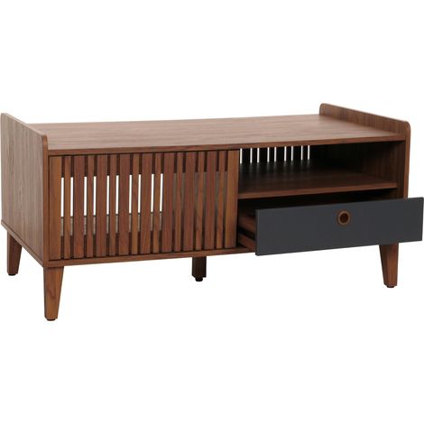Table basse HWC-M48, table de salon table basse, manguier massif 52x114x59cm - aspect noyer, tiroir gris foncé (1/5)