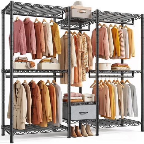 Klyvvo Portant à vêtements solide Belle texture - Penderie Vêtement Dressing Chambre Adulte avec 8 étagères réglables - 5 tringles à vêtements & 1 tiroir -  445 KG de capacité - 189x45x194.5 cm - Cadr