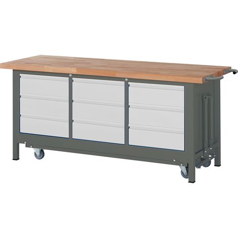 STIER Werkbank Premium mit abs. Fahrgestell und 9 Schubladen BxTxH 2000x700x880mm