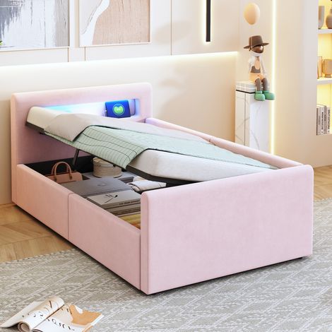 Lit enfant 90x200 capitonné velours rose avec LED, veilleuse, lit simple,port USB, étagère et rangement hydraulique (sans Matelas) (1/5)