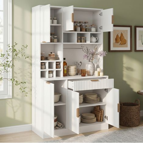 Buffet et enfilade 100x40x175 cm avec rangement, prises et USB-A/USB-C, range-verres, porte-bouteilles, blanc (1/5)