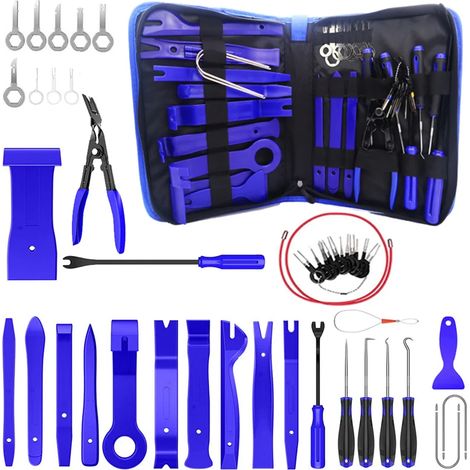(BLEU 43 PIÈCES) Kit de démontage des garnitures intérieures en plastique de voiture : clips, panneaux, tableau de bord, outils de démontage manuel et accessoires. (1/5)