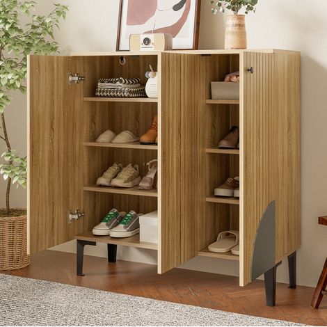 Meuble chaussures 90 x 32 x 94 cm à 3 portes, en panneaux de particules, bois clair DESVIAE (1/5)
