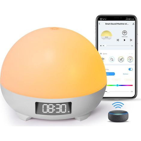 Veilleuse intelligente, machine à bruit blanc 16 millions de couleurs, commande vocale Google, détection des pleurs de bébé, 34 bruits blancs, minuterie, aide au sommeil pour enfants et adultes. (1/5)