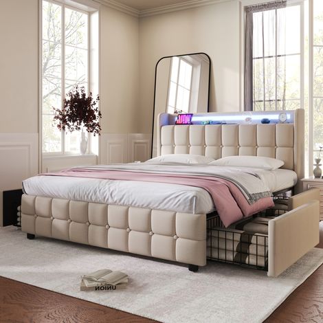 Bett Doppelbett Stauraum 180x200 mit LED USB Beige OKMYHOME (1/5)