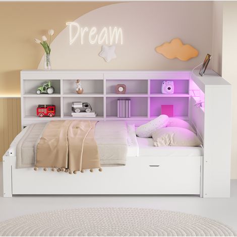 Letto adulti 140x200 cm con cassetto, porta USB, LED e vano comodino, in legno, senza materasso, bianco (1/5)