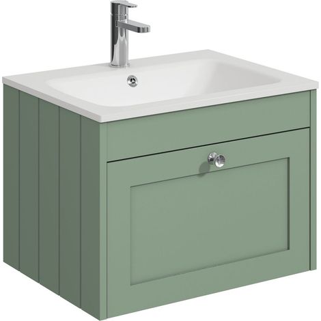 Balterley Butterton 600mm Wall Hung 1 Drawer Unit with Stone Basin 1 Tap Hole - Satin Green (1/4)
