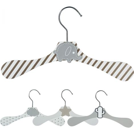 Lot de 10 cintres en bois 28 cm pour bébé, enfant avec crochet pivotant - Cintre rayé blanc et marron et éléphant gris