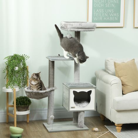 Arbre à grattage 48x40x126 cm gris pour chats avec rampe de tour plateforme pour avec hamac, poteaux de maison