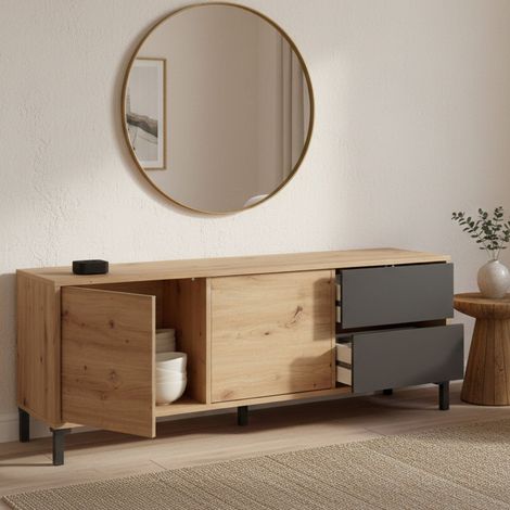 Dmora Anrichte Arecibo, Modernes Sideboard mit 2 Türen, Buffet im Wohnzimmer, Fernsehschrank, Sideboard mit Füßen für Wohnzimmer, cm 130x41h47, Asteiche und Anthrazit (1/5)