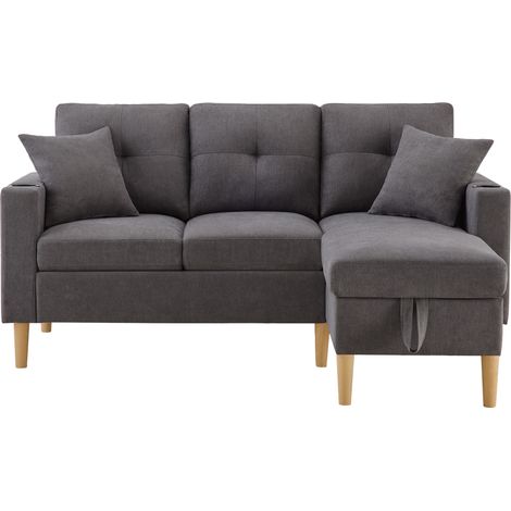 Divano angolare moderno a L 3 posti con chaise longue, porta bicchieri e contenitore, grigio scuro (1/5)