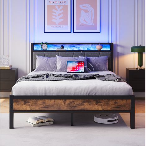 MODFU – Lit adulte 140x200 cm MDF marron antique – Tête LED avec USB et prise – 13 lattes – Charge 200 kg – Marron antique (1/5)