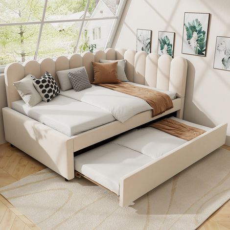 MEUBLIV Bettgestell 140x200 cm Beige – mit Ausziehbett und Kopfteil, ohne Matratze (1/5)