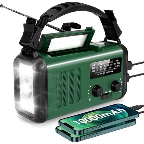 Radio d'urgence à manivelle avec batterie solaire 10 000 mAh, lampe de poche rechargeable et batterie externe, kit de survie portable, vert (1/5)