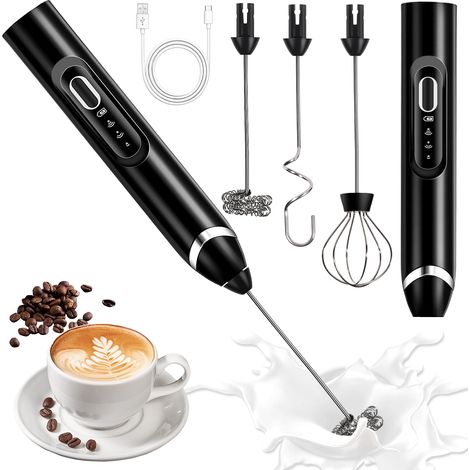 Mousseur à Lait Électrique, Mousseur de Lait Rechargeable USB avec 3 Têtes d'Agitation, Mini Fouet Electrique Portable 3 Vitesses