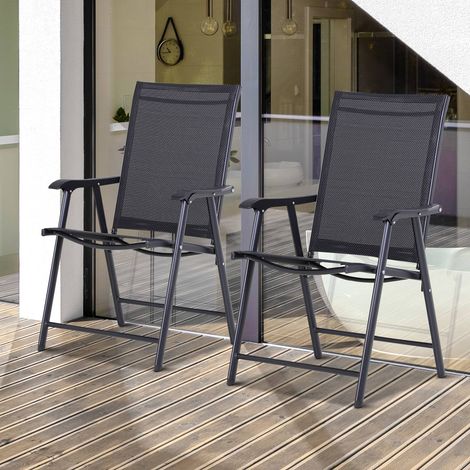 Lot de 2 fauteuils camping pliants métal noir avec accoudoirs, idéaux extérieur et plein air (1/5)