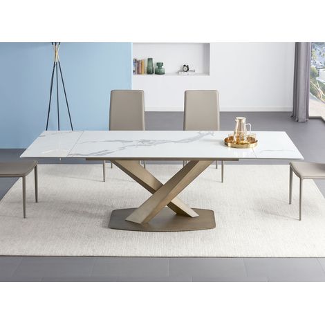 MEUBLER DESIGN Table À Manger Extensible Céramique Aspect Marbre Carla - Céramique Marbre Blanc Pied Or, Taille De La Table - 180 Cm Extensible À 260 Cm, Céramique, Rectangulaire, Style , 180 x 90 x 7 (1/4)