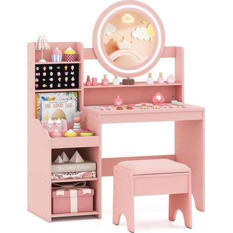 Costway – Coiffeuse enfant rose avec miroir éclairé – 4 étagères ouvertes – Tabouret rembourré – Miroir incassable – Dimensions 84 x 37 x 107 cm (1/4)