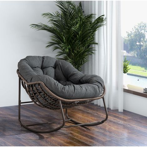 Outdoor Rocking Chair, Patio Oversized Wicker Egg Rocking Chair, Indoor & Outdoor Comfy Rocker Chair with Thick Cushion, Modern Lounge Chair for Balcony, Front Porch, Garden, Backyard, Deck, Dark Gray (1/5)