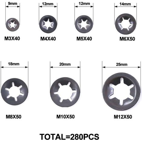 Rondelles, 340 Pièces Rondelles de Verrouillage à Vitesse Rapide, Finition Oxyde Noir Fixation Rapide Clips de Vitesse Kit d'Asortiment (M3 / M4 / M5 / M6 / M8 / M10 / M12) (1/4)