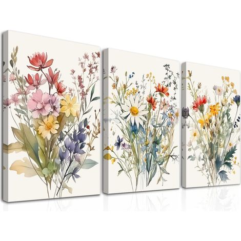 Encadré Lot de 3 Décorations Murales Fleuries Aquarelles, Art Mural en Toile de Fleurs Sauvages Colorées, Tableau de Fleurs Minimalistes pour Chambre à Coucher Salon 30x40 cm (1/5)