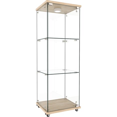 Vitrina de vidrio con LED, 1 puerta, 3 niveles, MDF y vidrio templado, natural