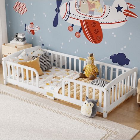 Lit au sol 90x200 avec barrière, pin blanc enfant HAVRYA (1/5)