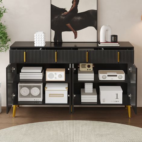 Buffet 140x38x82cm design élégant MDF 4 ptes 4 tiroirs poignées dées pieds dés Noir (1/5)